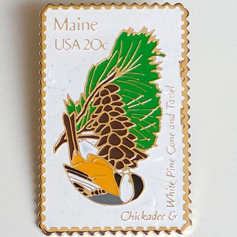 MAINE CHICKADEE & White Pine Cone and Tassel Vintage Postage Stamp PIN ENAMEL